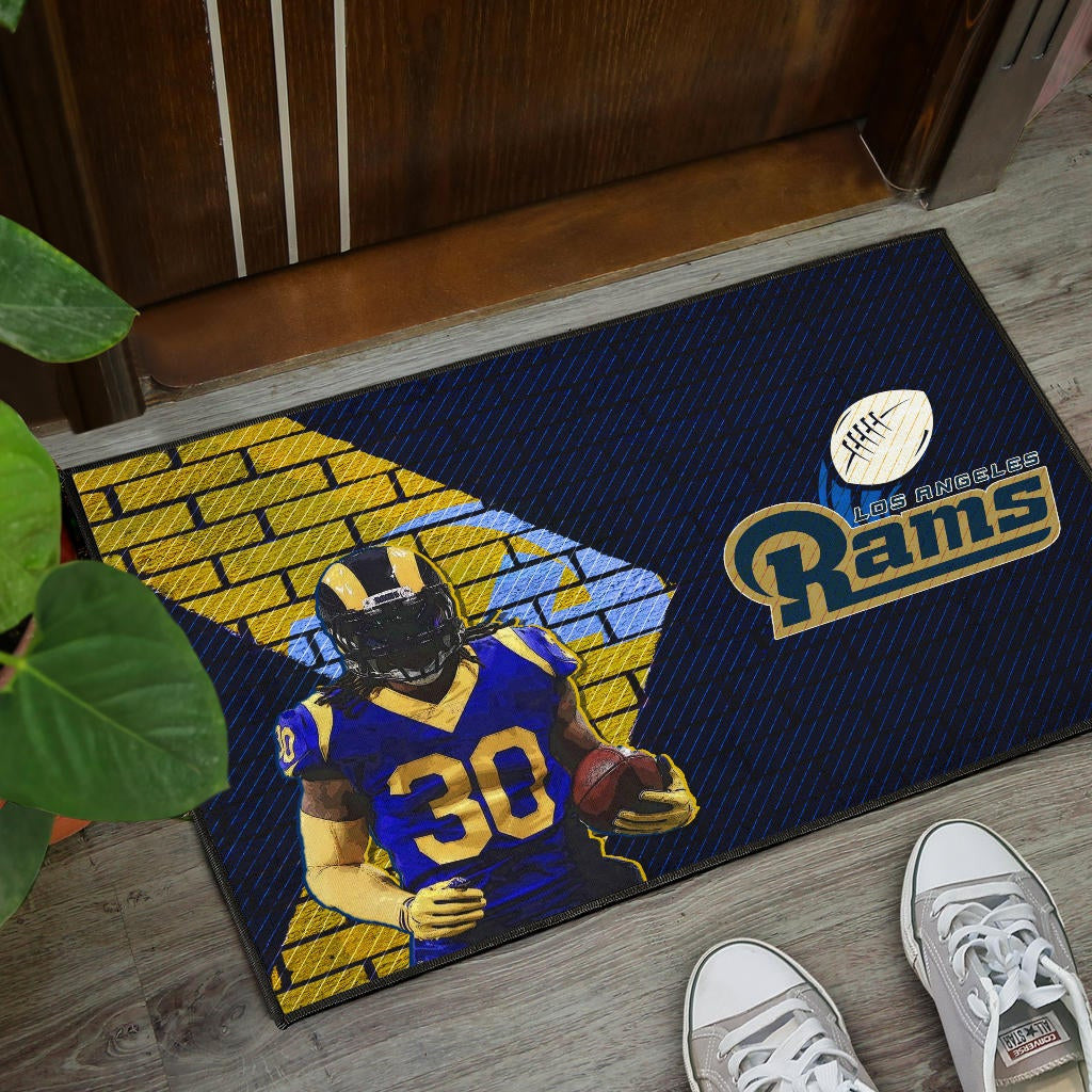 Los Angeles Rams American Football Raymond Calais 30 Holding Rugby Ball Brick Background Door Mat Home Decor
