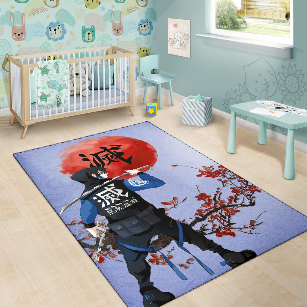 Demon Slayer Anime Inosuke Took Off Mask Wearing Clothes Blue Theme Area Rug Home Decor