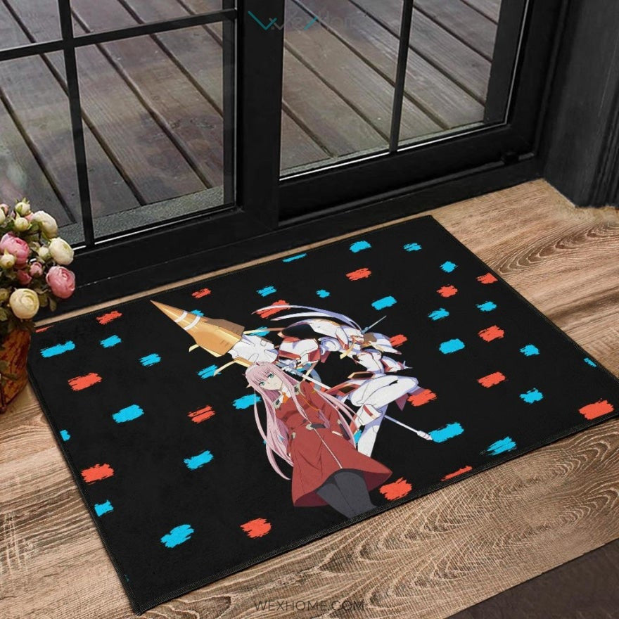 Darling In The Franxx Anime Zero Two With Darling Strelitzia Blue And Red Patterns Door Mat Home Decor