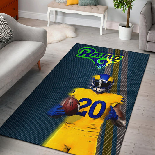 Los Angeles Rams American Football Team Jalen Ramsey 20 Wearing Helmet Standing Area Rug Home Decor