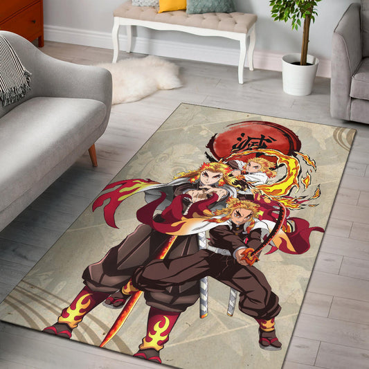 Demon Slayer Anime Rengoku Fire Breath Power Red Sun Area Rug Home Decor