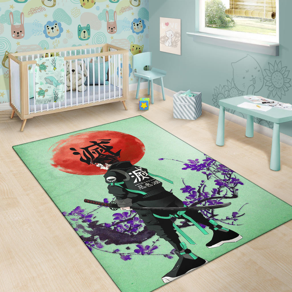 Demon Slayer Anime Tanjiro Wearing Modern Clothes Green Theme Area Rug Home Decor