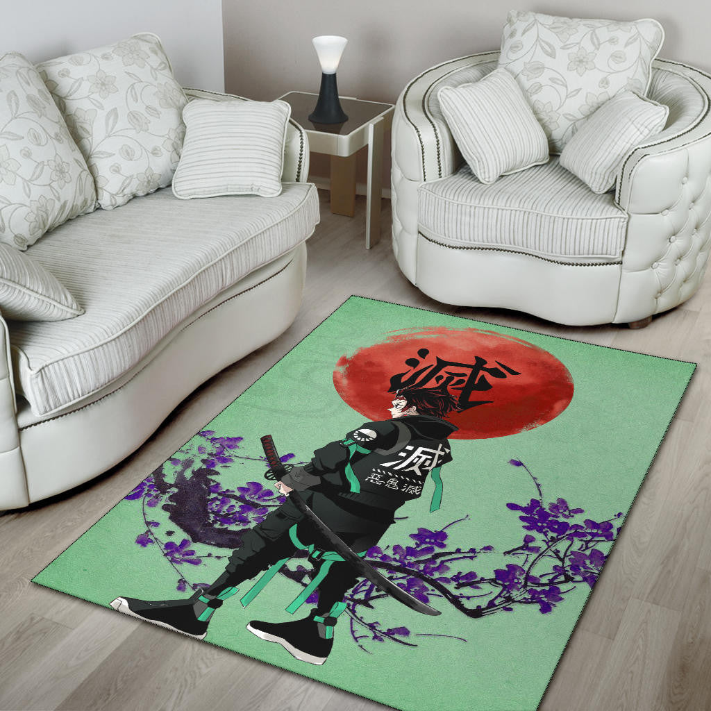 Demon Slayer Anime Tanjiro Wearing Modern Clothes Green Theme Area Rug Home Decor