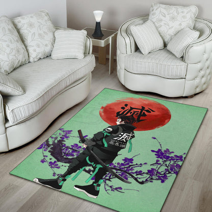 Demon Slayer Anime Tanjiro Wearing Modern Clothes Green Theme Area Rug Home Decor