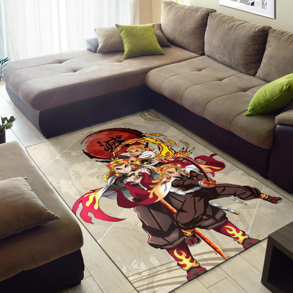 Demon Slayer Anime Rengoku Fire Breath Power Red Sun Area Rug Home Decor