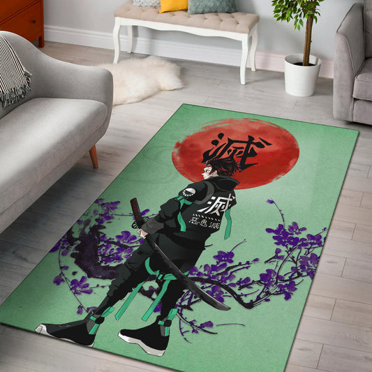 Demon Slayer Anime Tanjiro Wearing Modern Clothes Green Theme Area Rug Home Decor