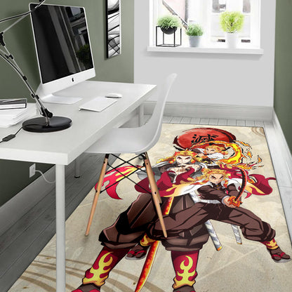 Demon Slayer Anime Rengoku Fire Breath Power Red Sun Area Rug Home Decor