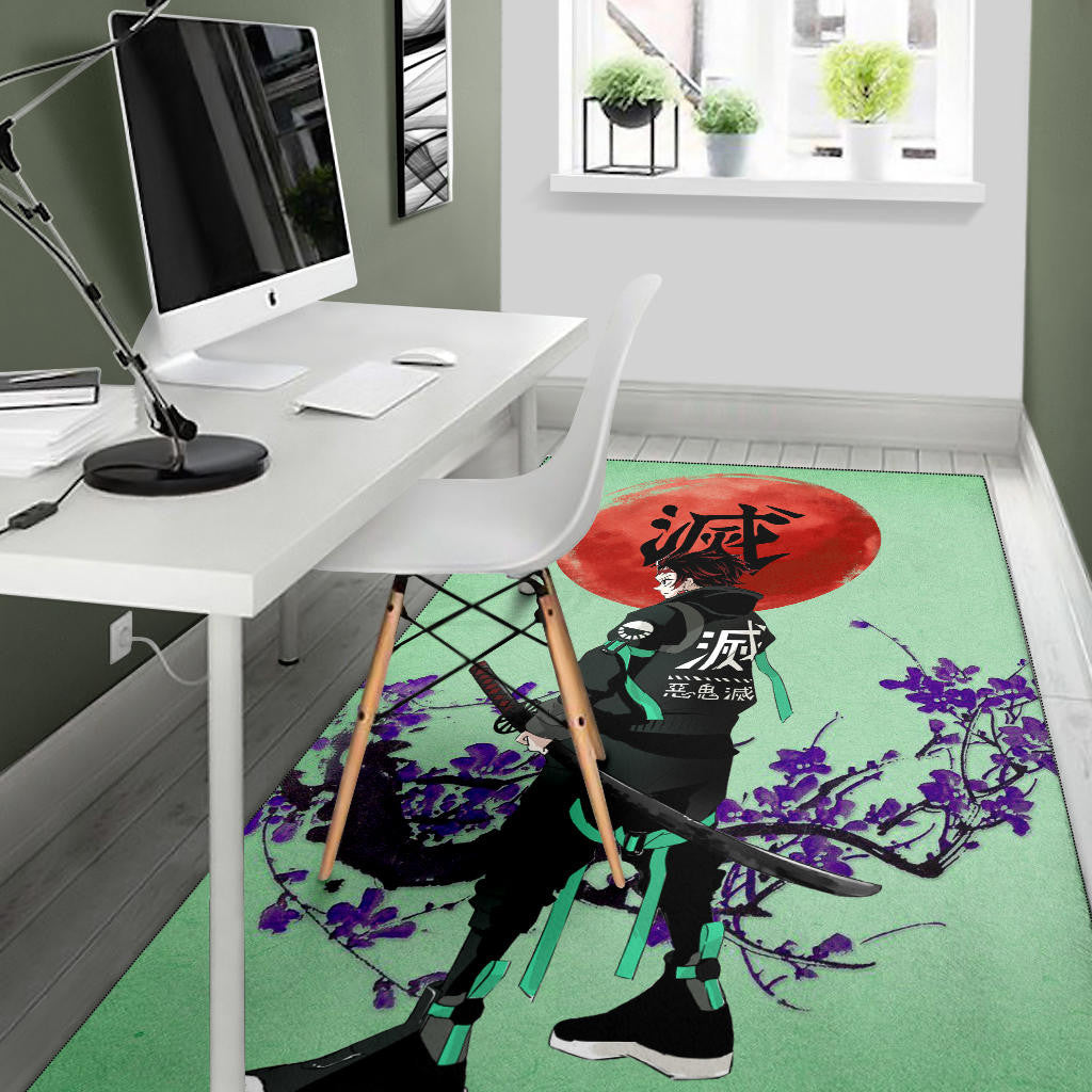 Demon Slayer Anime Tanjiro Wearing Modern Clothes Green Theme Area Rug Home Decor