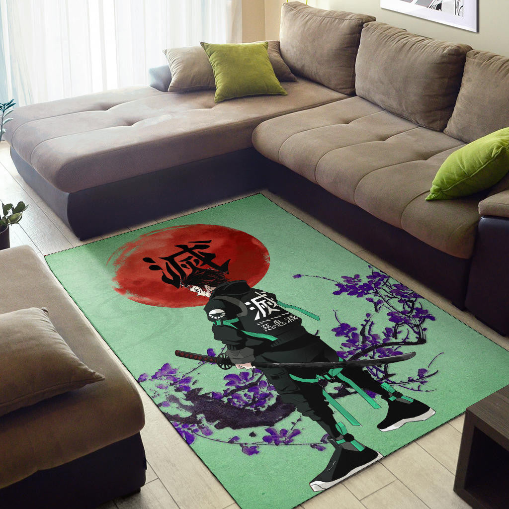 Demon Slayer Anime Tanjiro Wearing Modern Clothes Green Theme Area Rug Home Decor