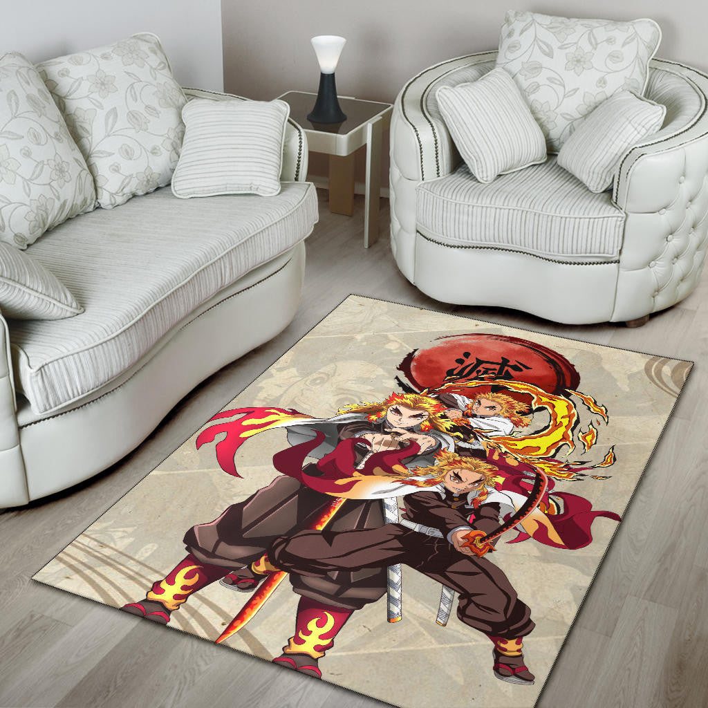 Demon Slayer Anime Rengoku Fire Breath Power Red Sun Area Rug Home Decor