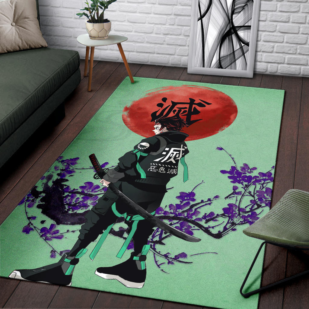 Demon Slayer Anime Tanjiro Wearing Modern Clothes Green Theme Area Rug Home Decor