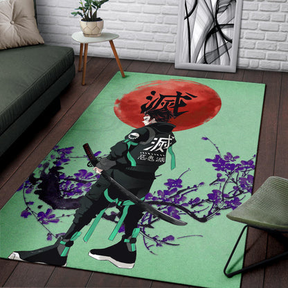 Demon Slayer Anime Tanjiro Wearing Modern Clothes Green Theme Area Rug Home Decor