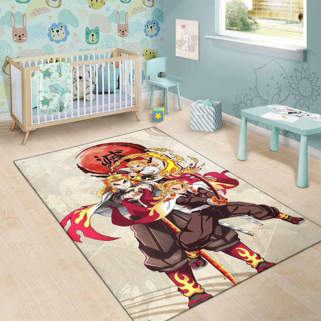 Demon Slayer Anime Rengoku Fire Breath Power Red Sun Area Rug Home Decor