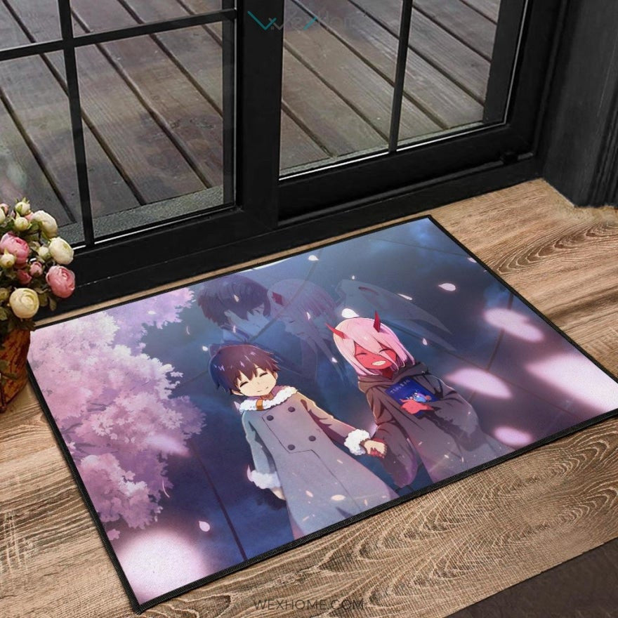 Darling In The Franxx Anime Cute Little Hiro And Red Zero Two Holding Hands Cherry Blossom Door Mat Home Decor