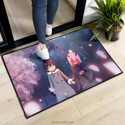 Darling In The Franxx Anime Cute Little Hiro And Red Zero Two Holding Hands Cherry Blossom Door Mat Home Decor