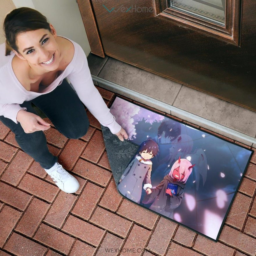 Darling In The Franxx Anime Cute Little Hiro And Red Zero Two Holding Hands Cherry Blossom Door Mat Home Decor
