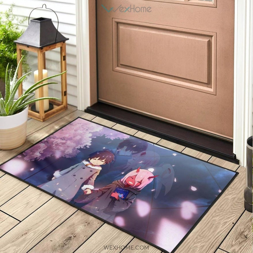 Darling In The Franxx Anime Cute Little Hiro And Red Zero Two Holding Hands Cherry Blossom Door Mat Home Decor