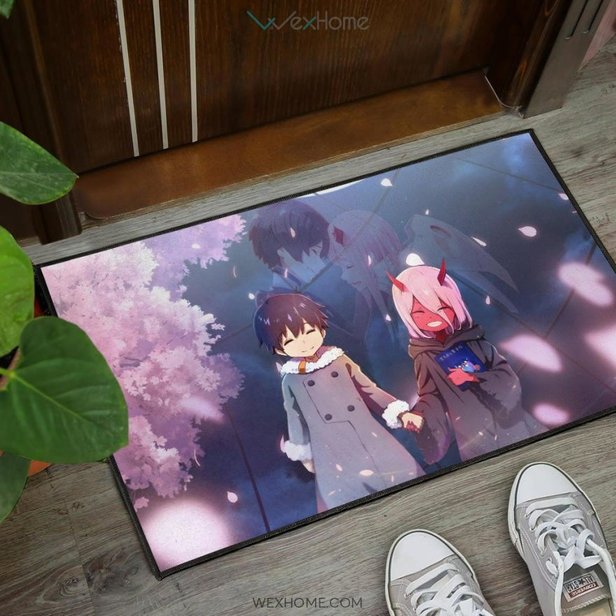 Darling In The Franxx Anime Cute Little Hiro And Red Zero Two Holding Hands Cherry Blossom Door Mat Home Decor