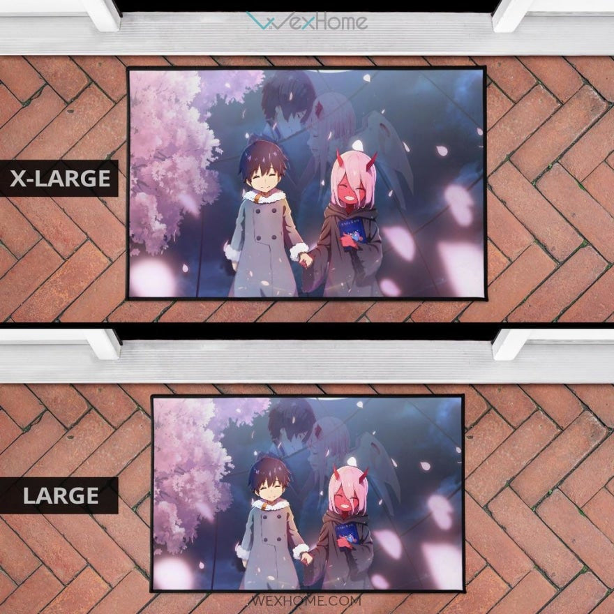 Darling In The Franxx Anime Cute Little Hiro And Red Zero Two Holding Hands Cherry Blossom Door Mat Home Decor