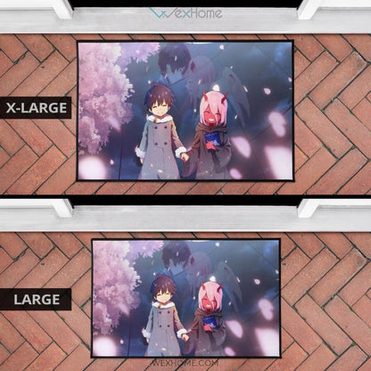 Darling In The Franxx Anime Cute Little Hiro And Red Zero Two Holding Hands Cherry Blossom Door Mat Home Decor