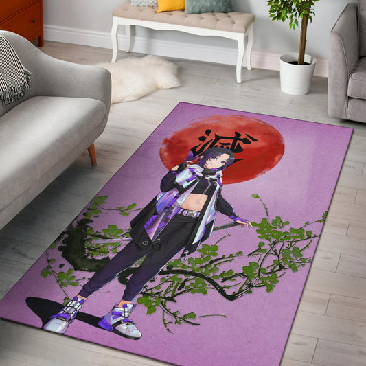 Demon Slayer Anime Shinobu Wearing Modern Clothes Purple Theme Area Rug Home Decor