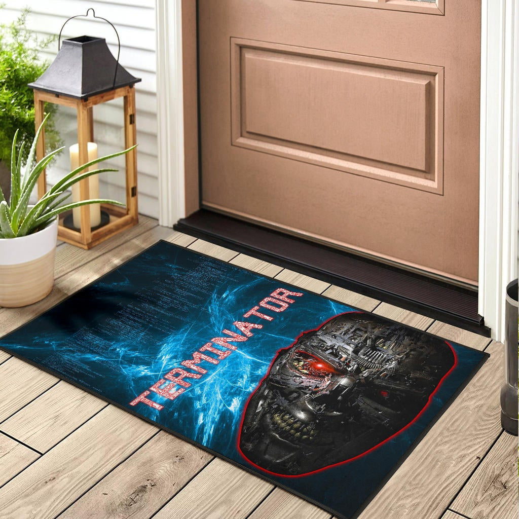 Horror Movie The Terminator Robot Face Blue Data Door Mat Home Decor