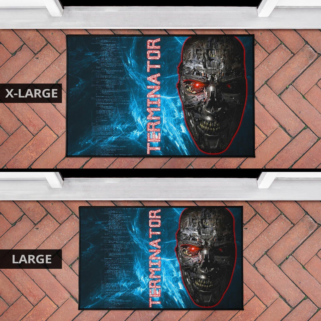 Horror Movie The Terminator Robot Face Blue Data Door Mat Home Decor