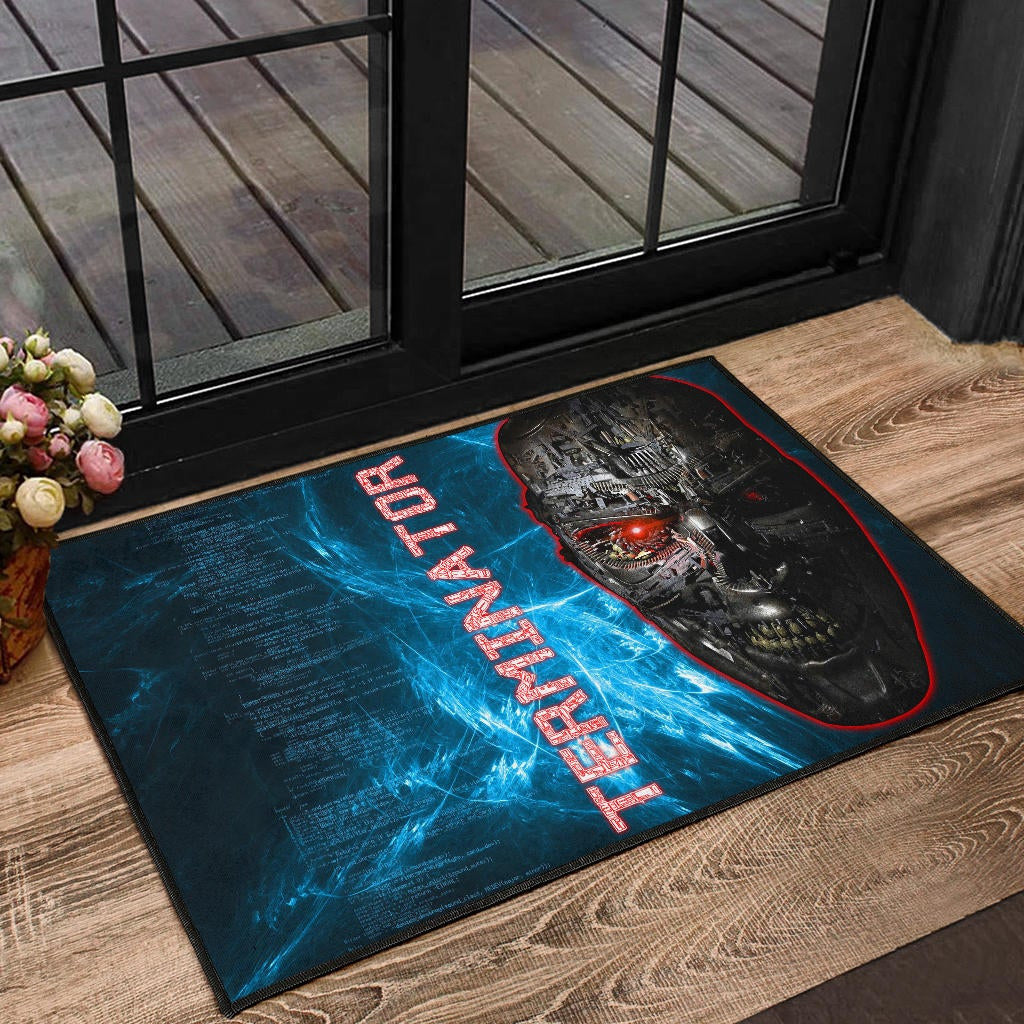 Horror Movie The Terminator Robot Face Blue Data Door Mat Home Decor