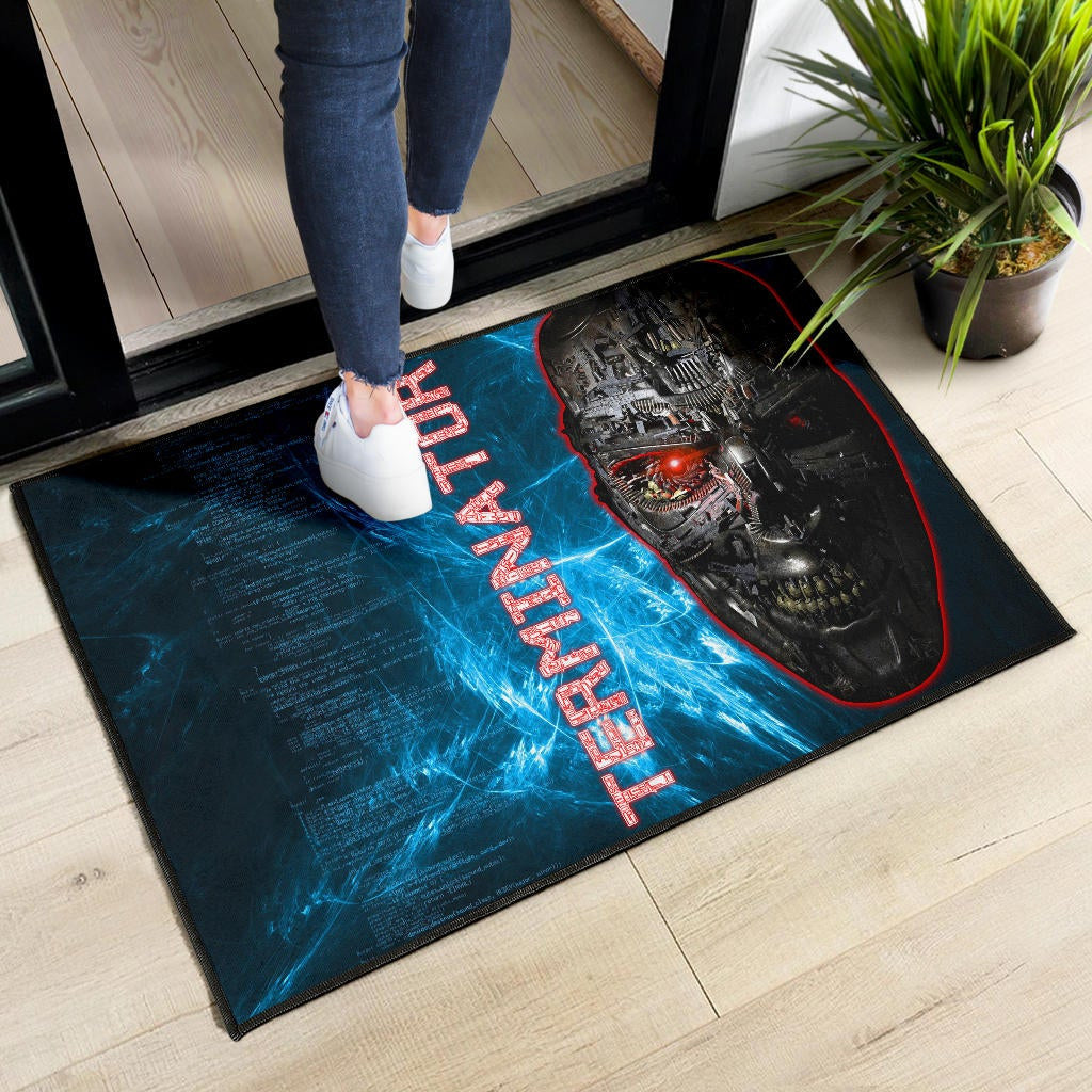 Horror Movie The Terminator Robot Face Blue Data Door Mat Home Decor
