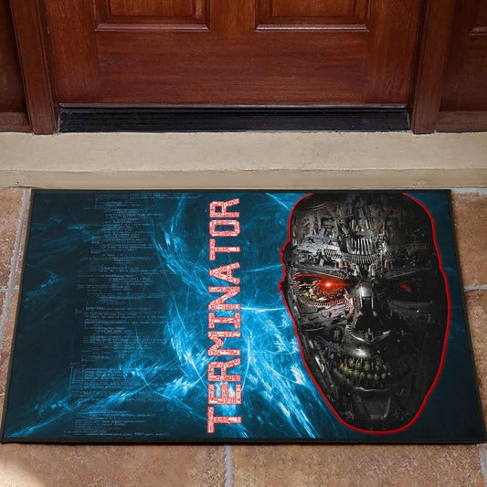 Horror Movie The Terminator Robot Face Blue Data Door Mat Home Decor