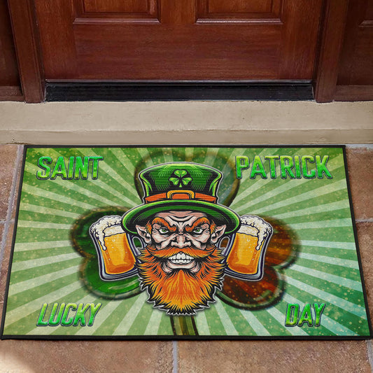Saint Patrick's Leprechauns Beers Shamrock Spiral Green White Door Mat Home Decor