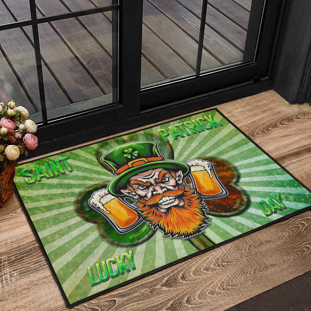 Saint Patrick's Leprechauns Beers Shamrock Spiral Green White Door Mat Home Decor