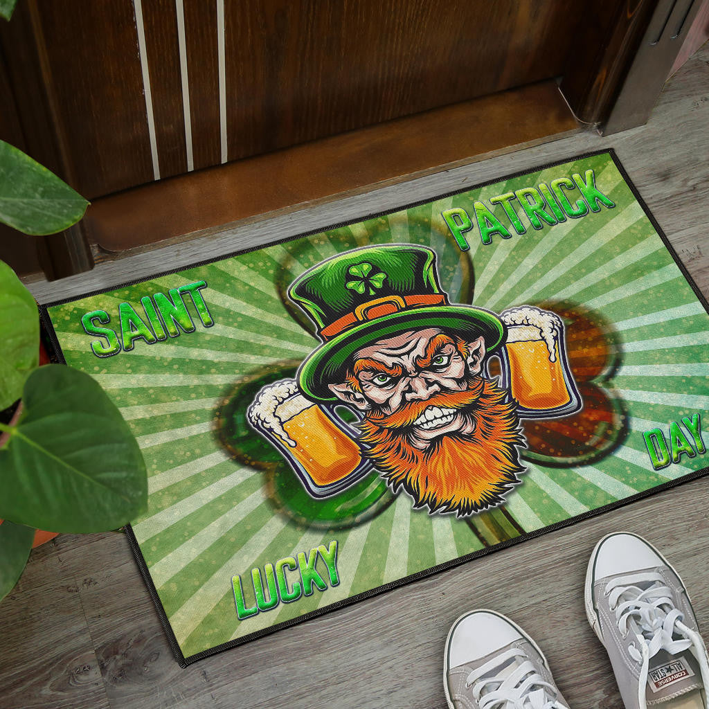 Saint Patrick's Leprechauns Beers Shamrock Spiral Green White Door Mat Home Decor