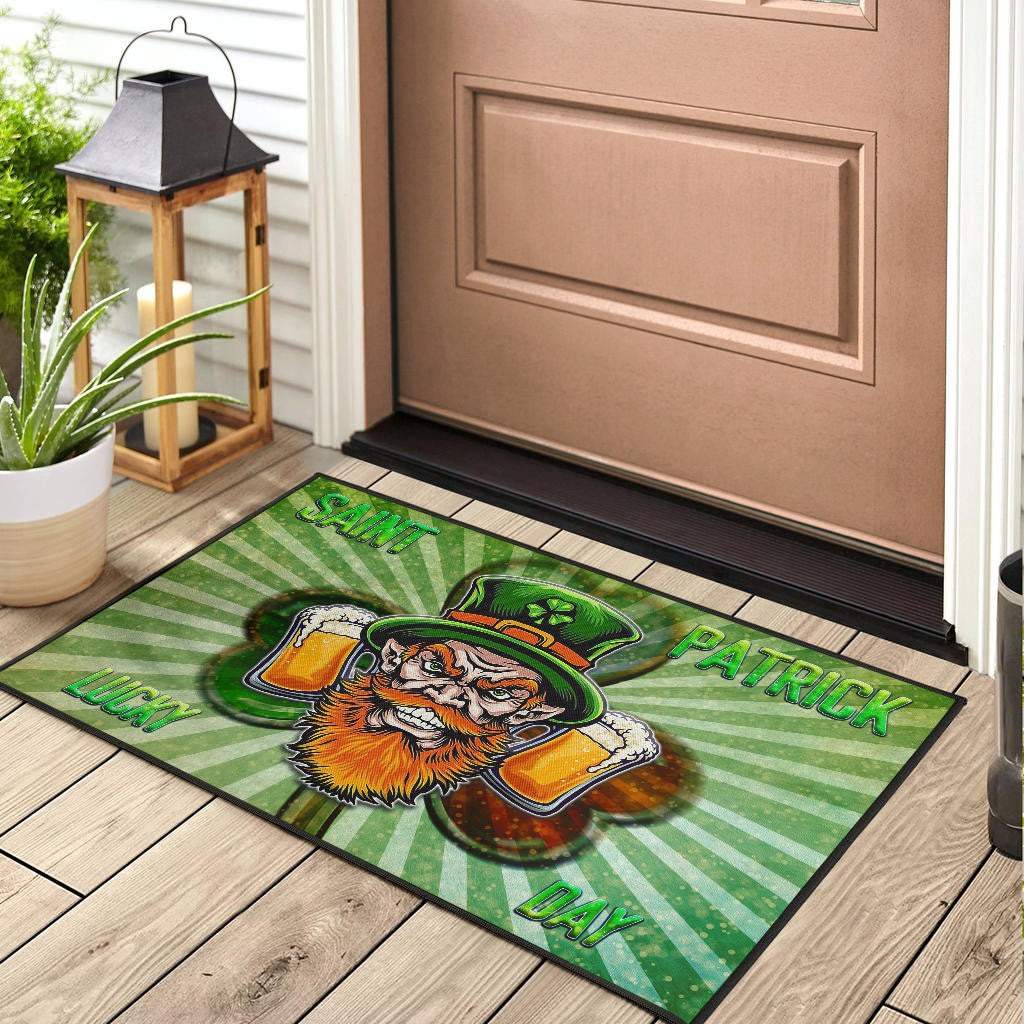 Saint Patrick's Leprechauns Beers Shamrock Spiral Green White Door Mat Home Decor