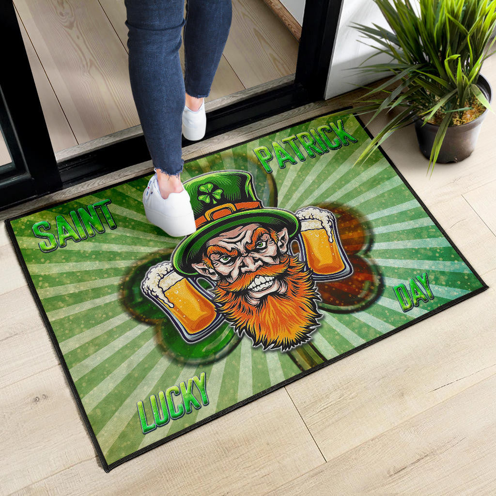 Saint Patrick's Leprechauns Beers Shamrock Spiral Green White Door Mat Home Decor