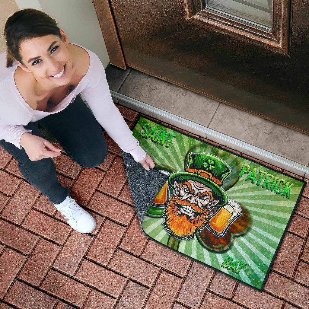 Saint Patrick's Leprechauns Beers Shamrock Spiral Green White Door Mat Home Decor