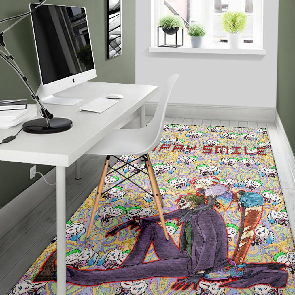 Horror Movie Joker And Harley Quinn Happy Smile Chibi Patterns Area Rug Home Decor