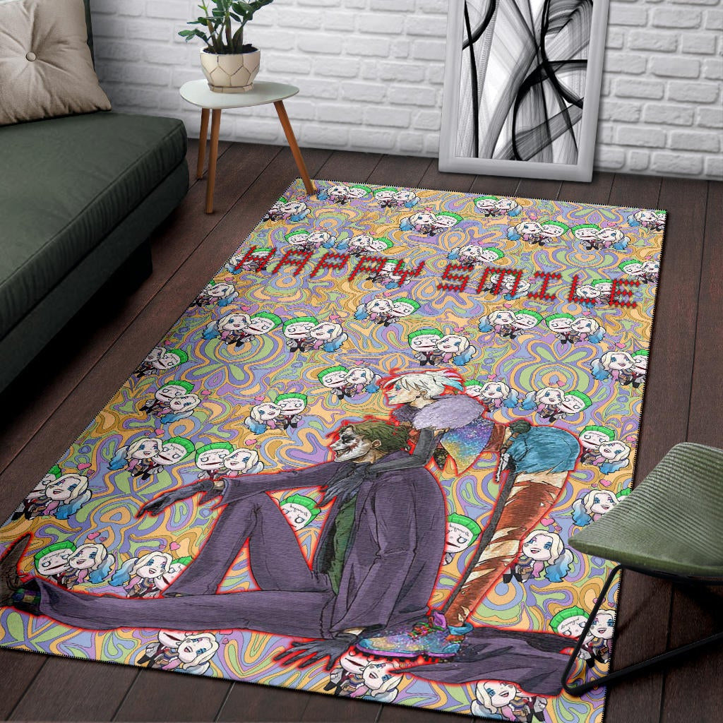 Horror Movie Joker And Harley Quinn Happy Smile Chibi Patterns Area Rug Home Decor