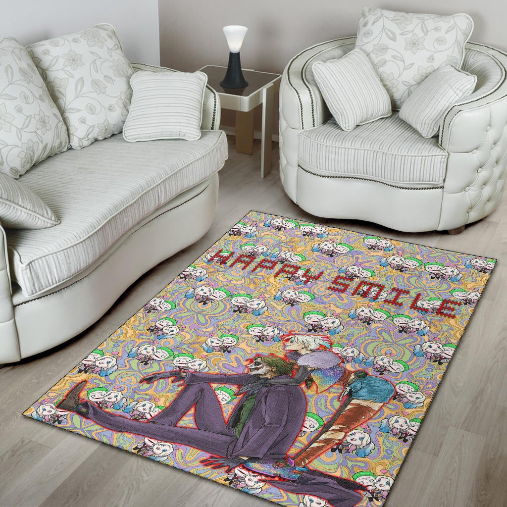 Horror Movie Joker And Harley Quinn Happy Smile Chibi Patterns Area Rug Home Decor