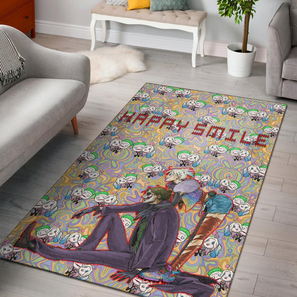 Horror Movie Joker And Harley Quinn Happy Smile Chibi Patterns Area Rug Home Decor