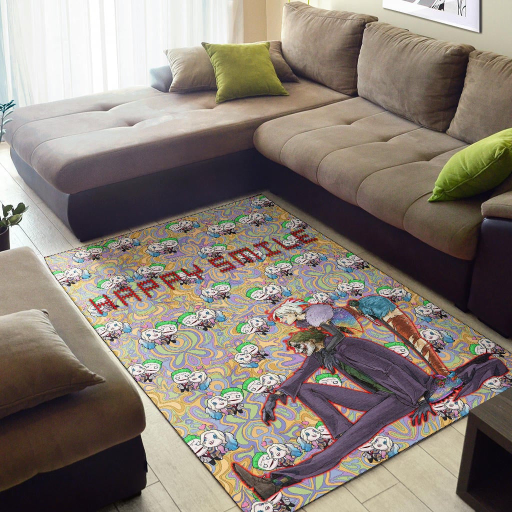 Horror Movie Joker And Harley Quinn Happy Smile Chibi Patterns Area Rug Home Decor