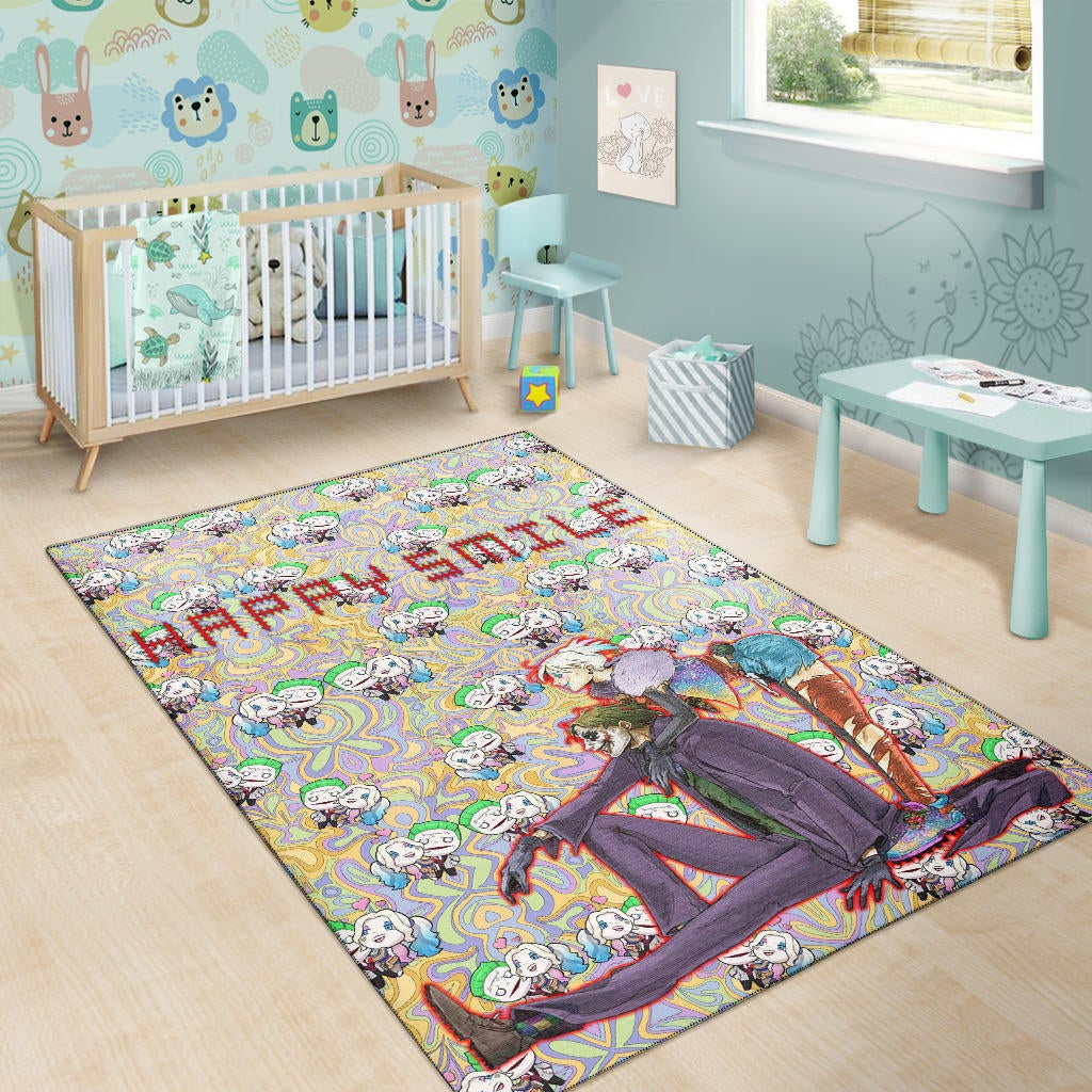 Horror Movie Joker And Harley Quinn Happy Smile Chibi Patterns Area Rug Home Decor