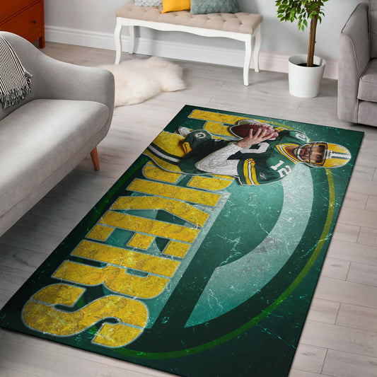 Green Bay American Football Packers Aaron Rodgers Ready To Throw Rugby Ball Area Rug Home Decor