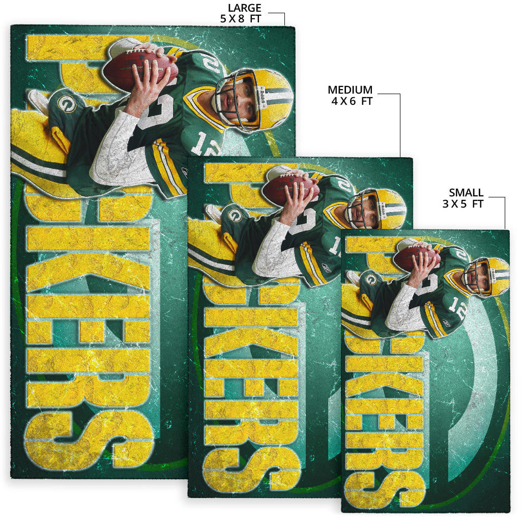 Green Bay American Football Packers Aaron Rodgers Ready To Throw Rugby Ball Area Rug Home Decor