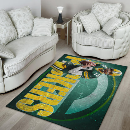 Green Bay American Football Packers Aaron Rodgers Ready To Throw Rugby Ball Area Rug Home Decor