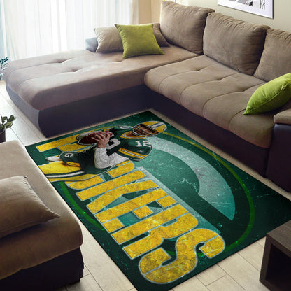 Green Bay American Football Packers Aaron Rodgers Ready To Throw Rugby Ball Area Rug Home Decor