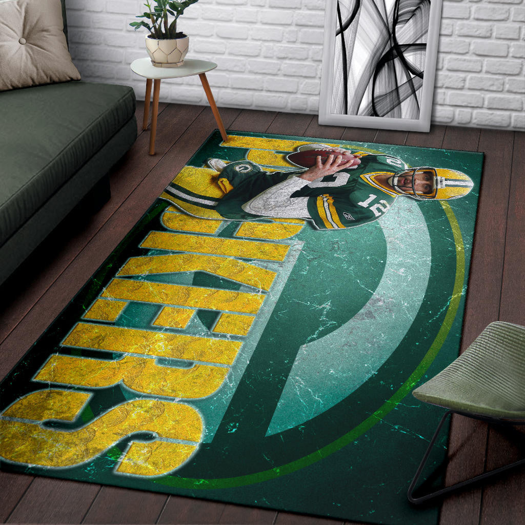 Green Bay American Football Packers Aaron Rodgers Ready To Throw Rugby Ball Area Rug Home Decor