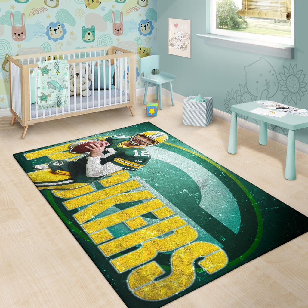 Green Bay American Football Packers Aaron Rodgers Ready To Throw Rugby Ball Area Rug Home Decor