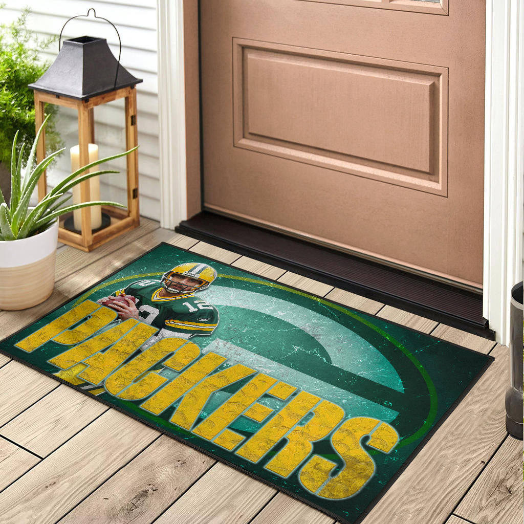 Green Bay American Football Packers Aaron Rodgers Ready To Throw Rugby Ball Door Mat Home Decor