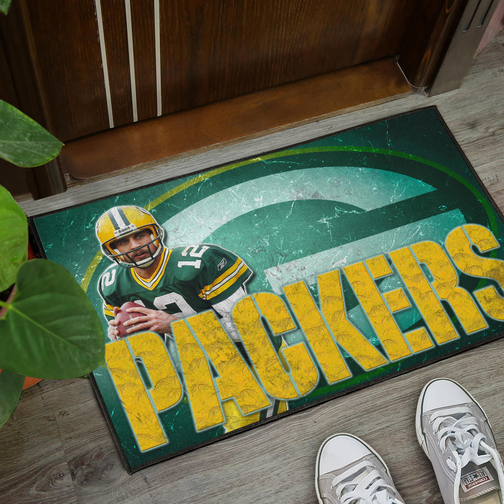 Green Bay American Football Packers Aaron Rodgers Ready To Throw Rugby Ball Door Mat Home Decor